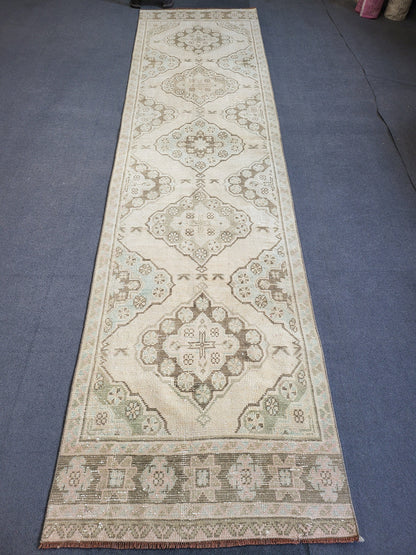 Muted Oushak Runner Rug 2.8 x 11.3 Turkish Runner Rug Vintage Runner Rug Hand Knotted Runner Rug Persian Runner Rug Wool Runner Rug
