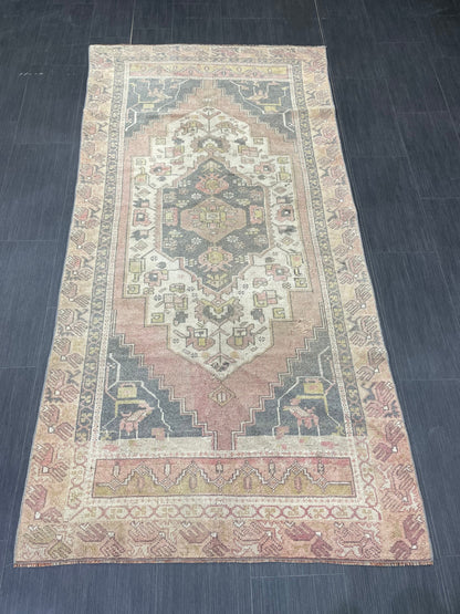 Vintage Handmade Rug Muted  3.6 x 7.3 Vintage Rug Wool Oushak Rug Hand Made Rugs Vintage Turkish Rug Living Room Rug