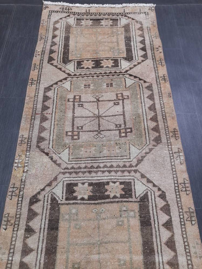 MUTED Oriental Runner Hand Knotted Runner Antique TURKISH Runner 2.7 x 10.7 Vintage Runner Rug Muted Vintage Runner Rug Kitchen Runner