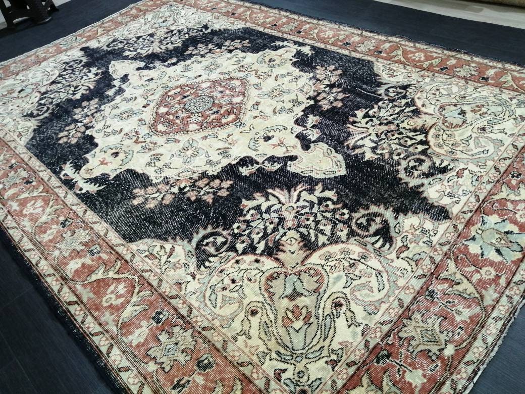 Vintage RUG 7 x 10. 4 TURKISH Oushak Rug Vintage Navy Oriental Rug  Vintage Persian Rug Hand Made Rugs  Turkish Rug