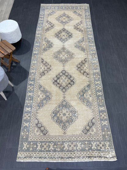 Hand Knotted Runner Rug Turkish Runner 3.8 x 10.8 Rug Vintage Gray Blue Runner Rug Hallway Runner Kitchen Runner Country modern Runner Rug