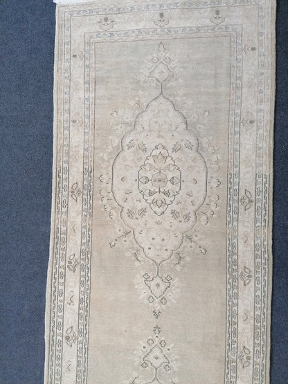 Faded hallway runner rug, 11'5x2'9, pastel runner rug, faded turkish runner rug, vintage runner rug, muted entryway rug,oushak runner rug
