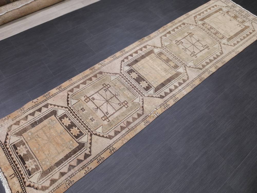 MUTED Oriental Runner Hand Knotted Runner Antique TURKISH Runner 2.7 x 10.7 Vintage Runner Rug Muted Vintage Runner Rug Kitchen Runner