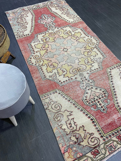 Turkish Rug, 3.3 x 7.7 Vintage Rug,Handmade Oushak Rug, Farmhouse Rug, Wool Hand Knotted Rug, Traditional Rug, Vintage Turkish Rug