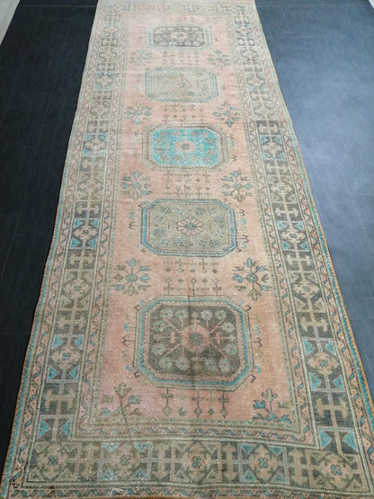 Oushak Runner Rug 11.4 x 4 Vintage Turkish Runner Rug Vintage Runner Rug Hallway Runner Rug Kitchen Runner Rug Wool Runner Rug