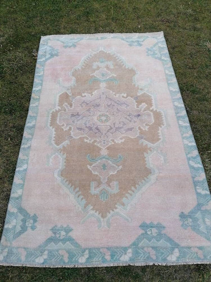 4'6x7'4 pink wool rug, vintage oushak rug, turkish hand made living room rug