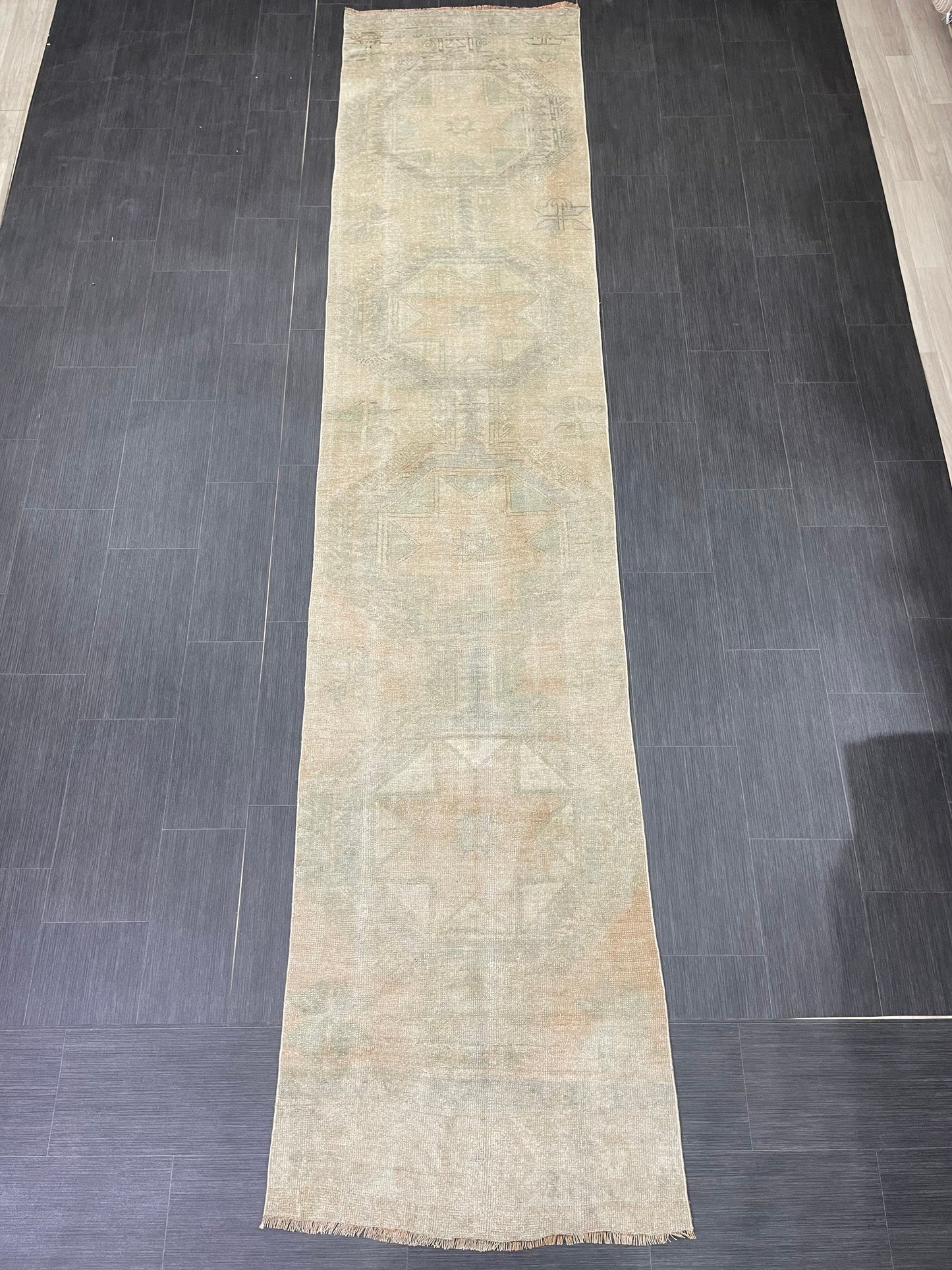 Muted Vintage Runner Rug 2.8 x 12.7 ft Muted Turkish runner rug Wool Pile Oushak Runner Hallway Rug runner Hand Knotted Star Runner Rug