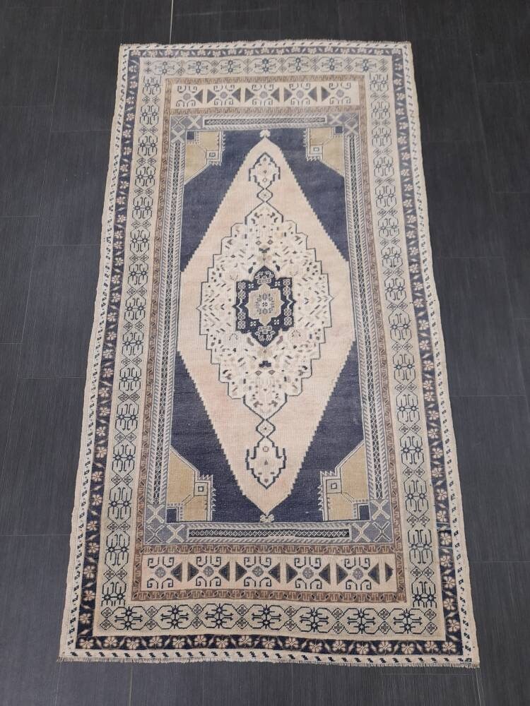 Vintage Hand Knotted Rug 3.9 x 7.4 Blue Oushak Rug Muted Rug, Vintage Turkish Rug, Oriental Rug, Vintage Rug,Soft Wool Navy Rug
