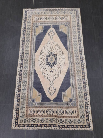 Vintage Hand Knotted Rug 3.9 x 7.4 Blue Oushak Rug Muted Rug, Vintage Turkish Rug, Oriental Rug, Vintage Rug,Soft Wool Navy Rug