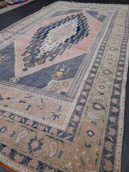 Blue and Pink Vintage Rug 5.2 x 10 Authentic Turkish Oushak Rug Hand Knotted Rug Rustic Rug, Wool Turkish Rug 5x10 Rug Oriental Rug