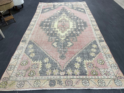 Turkish Muted 4.3 x 8 Rug, Oriental Rug, Large Area Rug, Distressed Vintage Rug, Oushak Rug, Muted Rug Hand Knotted Rug, Handmade Rugs