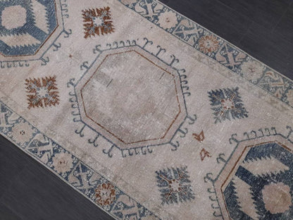 Muted Turkish Runner Rug 3.8 x 13 Oushak Runner Rug Vintage Runner Rug Hallway Runner Kitchen Runner Rug Wool Runner Rug Oriental Runner
