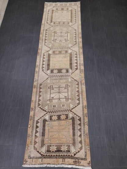 MUTED Oriental Runner Hand Knotted Runner Antique TURKISH Runner 2.7 x 10.7 Vintage Runner Rug Muted Vintage Runner Rug Kitchen Runner