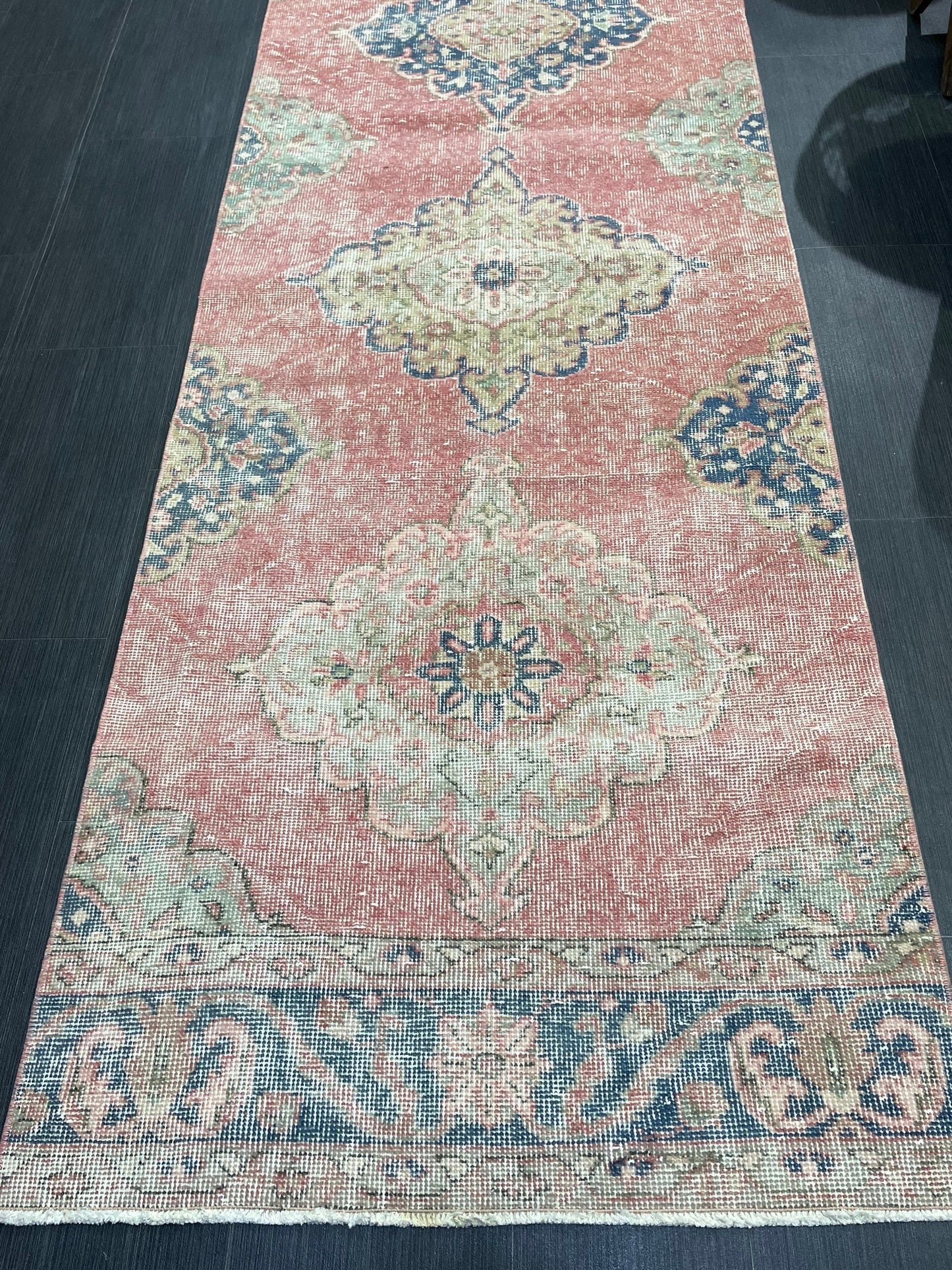 Muted Hand Knotted Runner Rug, Handmade Runner 2.11 x 12.5 Rug, WOOL Oushak Runner Rug, Rustic Rug Runner, Turkish Runner, Vintage Runner