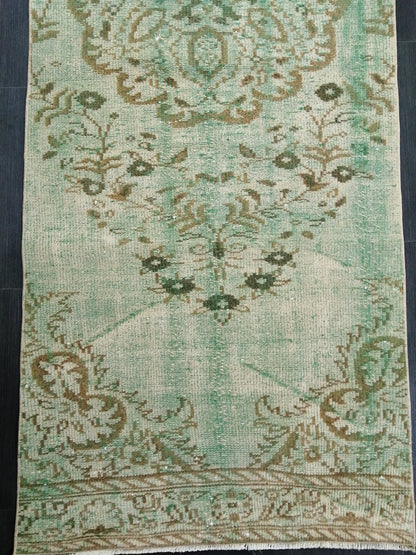 Green Oushak Runner Rug  2.9 x 9.2 Distressed Turkish Rug Runner  Vintage Runner Rug Hallway Runner Rug Kitchen Runner