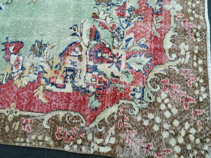9.5x6.7 Rugs, Hand Made Rug, Oushak Rug, Rustic Rug, Light Green And Red Rug, Rug Runner, Turkish Rug, Farmhouse Rug, Vintage Rug, Wool rug