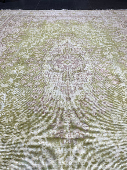 Vintage RUG Turkish 7 x 10.3 Rug Antique Rug Neon Green Rug Wool Muted Oriental Rug Handmade Rug Hand Knotted Rug Persian Rug