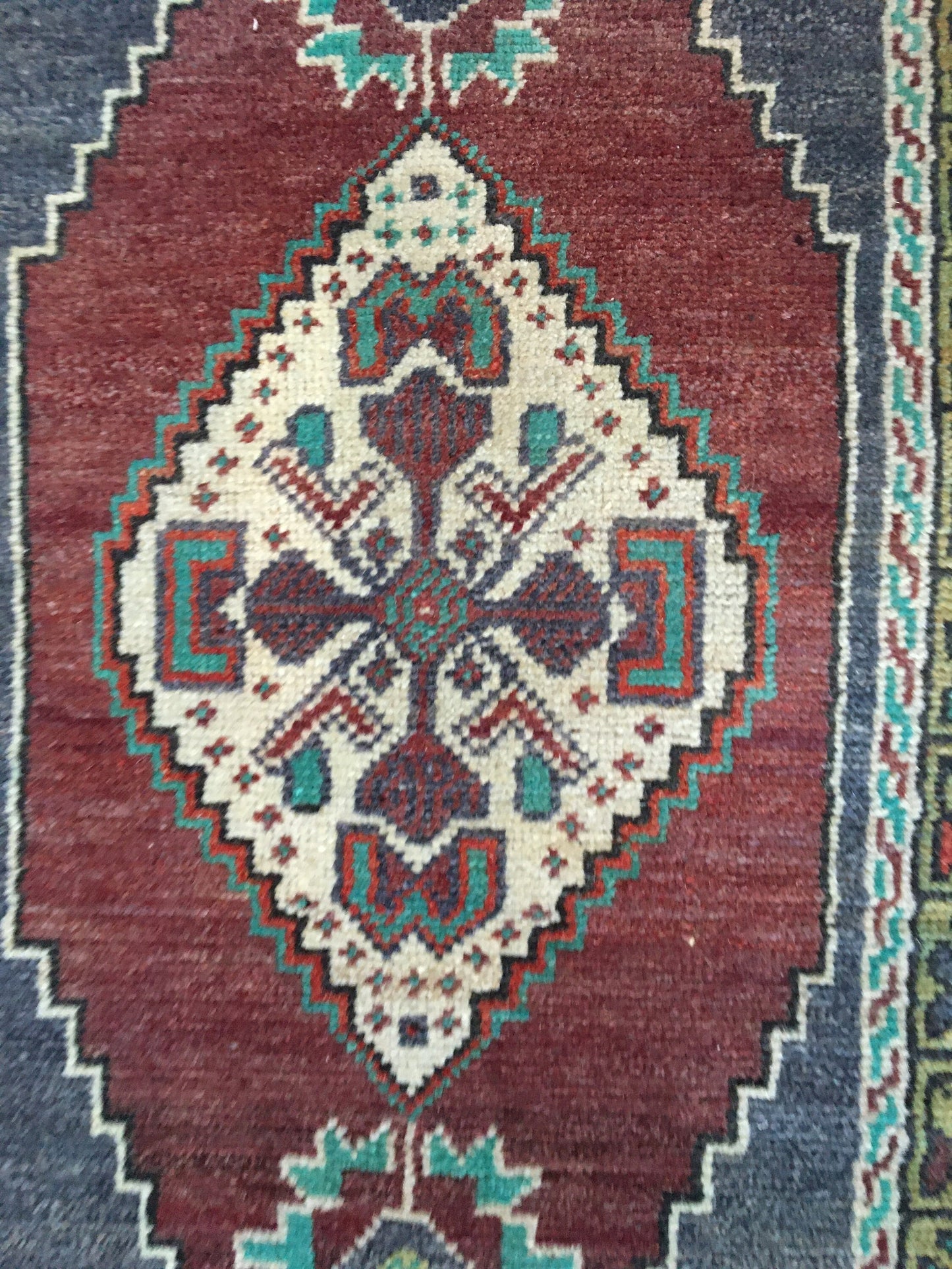 1.5x3.4 feet handmade claret red kitchen mini floor rug, turkish wool grey bedroom area mini rug, small oushak rug,vintage bathroom tiny rug