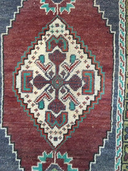 1.5x3.4 feet handmade claret red kitchen mini floor rug, turkish wool grey bedroom area mini rug, small oushak rug,vintage bathroom tiny rug