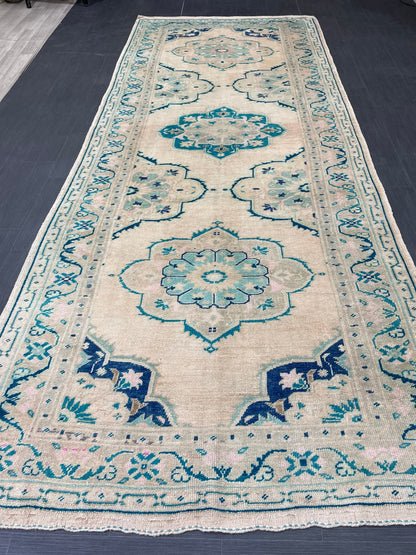 Muted Hand Knotted Rugs 4.7 x 11.8 Handmade Rug, WOOL Oushak Rug Rustic Rug Runner, Turkish Rug Farmhouse Rug Vintage Rug Wool rug