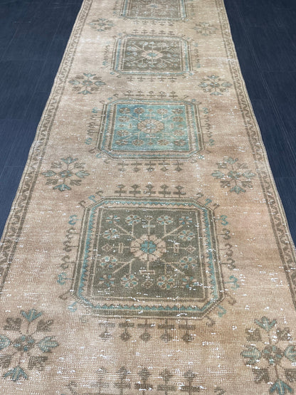 Muted Vintage Runner Rug 3.2 x 11.8 Hand Knotted Runner Rug Turkish Runner Rug Vintage Runner Rug Hallway Runner Rug Wool Kitchen Runner
