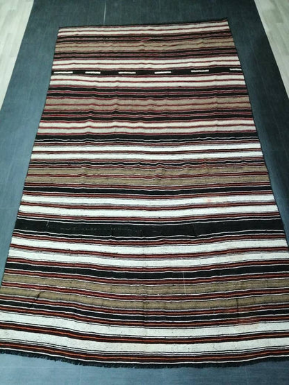 6.7 x 12 Vintage Oriental Flat woven Rug, Turkish Flatweave Carpet ,Stripe Oushak Flatweaving,Handmade Rug,Farmhouse Rug, Black rug Dark rug