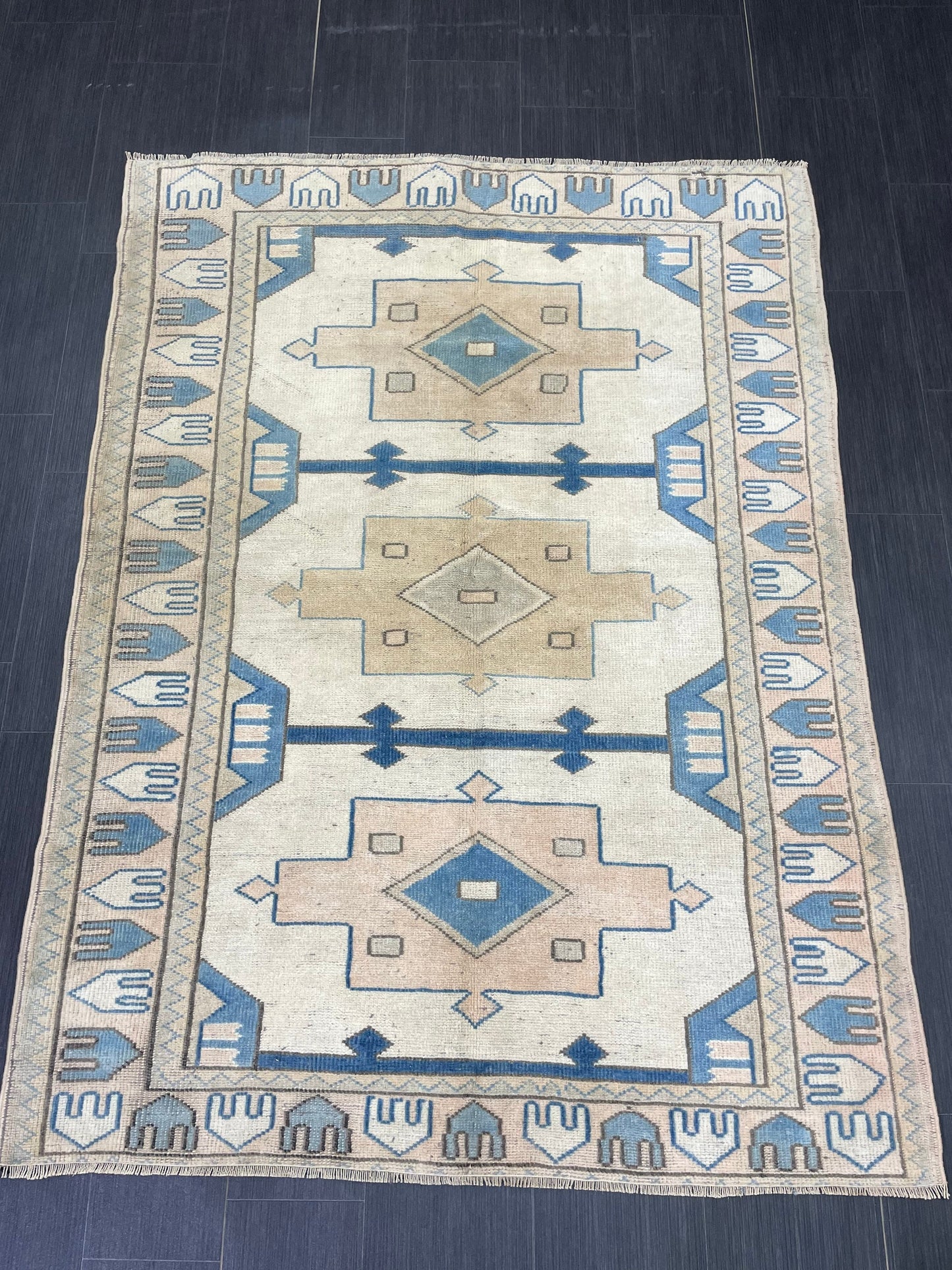 Vintage Blue Rug Muted 4.6 x 6.3 Vintage Rug Wool Light Blue Oushak Rug Hand Made Rugs Vintage Turkish Rug Living Room Rug