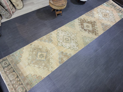 Distressed VINTAGE Rugs, Handmade Runner Rug, Oushak 2.8 x 12.10 Runner Rug, Rustic Runner Rug, Antique Rug, Turkish Rug, Farmhouse Rug,