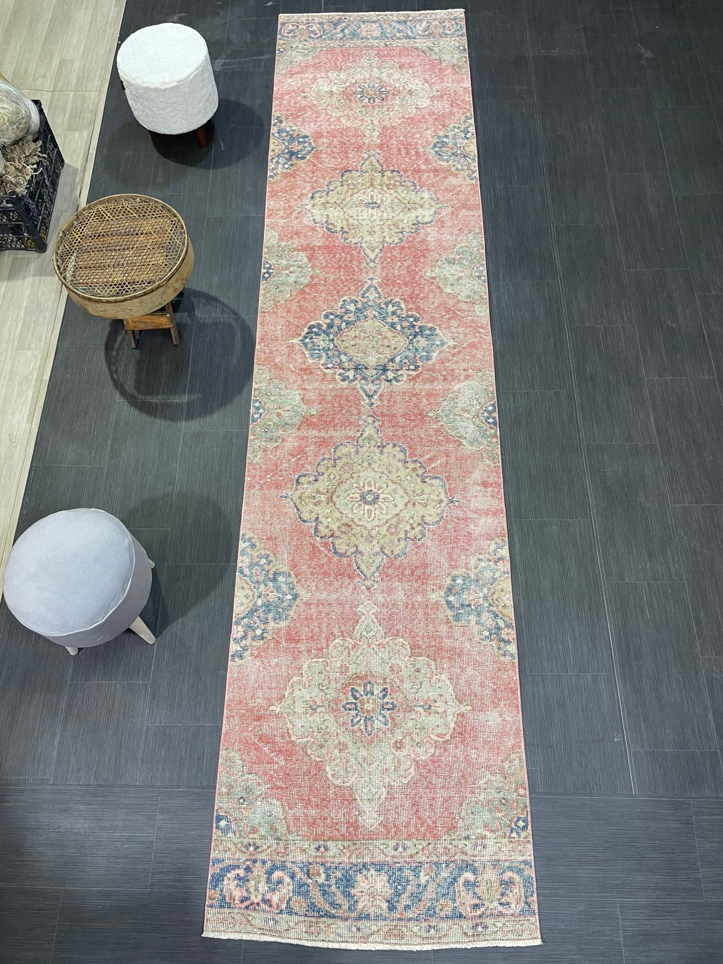 Muted Hand Knotted Runner Rug, Handmade Runner 2.11 x 12.5 Rug, WOOL Oushak Runner Rug, Rustic Rug Runner, Turkish Runner, Vintage Runner