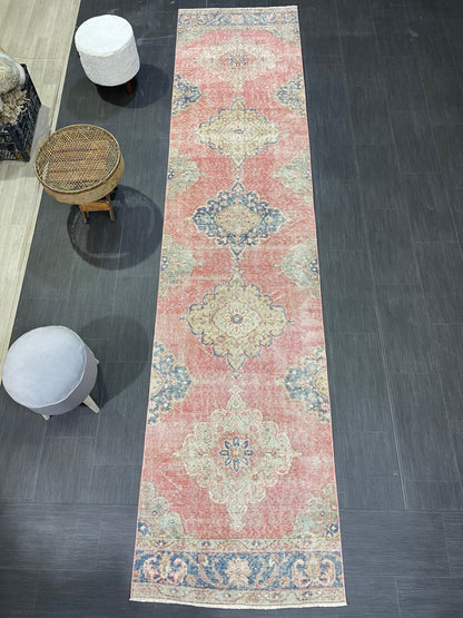 Muted Hand Knotted Runner Rug, Handmade Runner 2.11 x 12.5 Rug, WOOL Oushak Runner Rug, Rustic Rug Runner, Turkish Runner, Vintage Runner