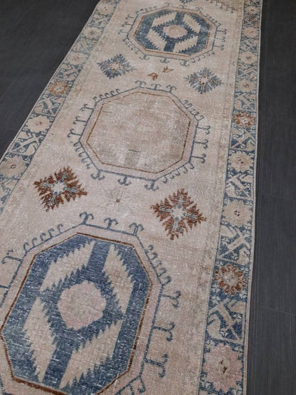 Muted Turkish Runner Rug 3.8 x 13 Oushak Runner Rug Vintage Runner Rug Hallway Runner Kitchen Runner Rug Wool Runner Rug Oriental Runner
