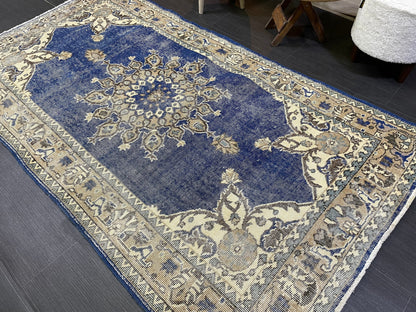 Turkish Rug, Blue Oushak Rug, Hand Knotted 5x7 Rug, Wool Distressed Rug, Persian Rugs, Antique Rug, Vintage Rug, Handmade Rug