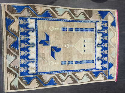 Muted Rugs, Handmade 3.3 x 5 Rug, Blue Oushak Rug, Rustic Rug, Hand Knotted Turkish Rug, Farmhouse Rug, Vintage Rug, Wool rug